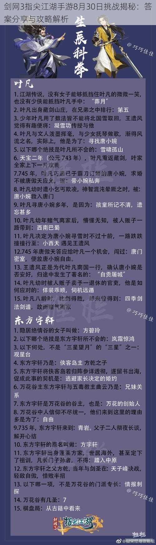 剑网3指尖江湖手游8月30日挑战揭秘：答案分享与攻略解析